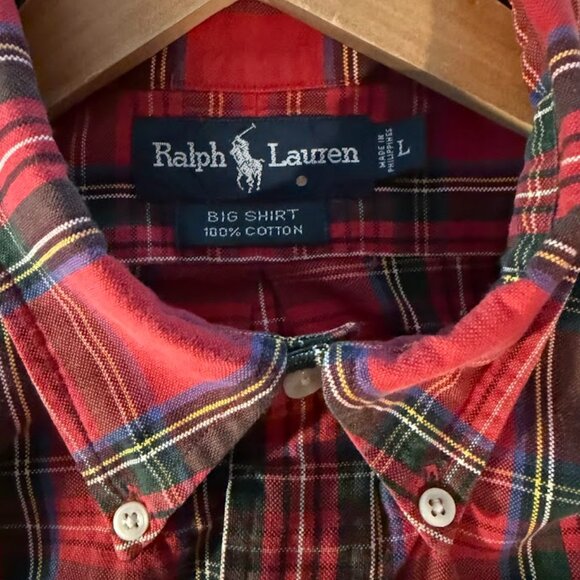 Ralph Lauren Red and Green Plaid Button Up Long Sleeve Plaid Shirt, Size L - Picture 2 of 4